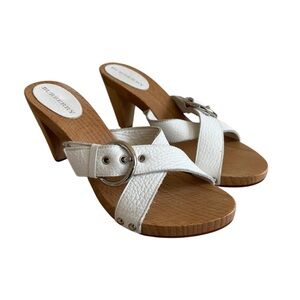 BURBERRY White Leather & Wood Heels w/ Silver Buckles